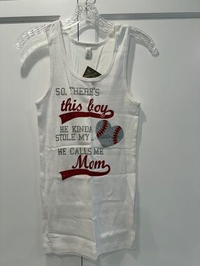 White Womens' Tank Top - 'This Boy He Calls Me Mom' Glitter Graphic-Baseball Mom